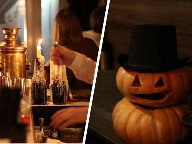 Внутри бара на перекрёстке с Потанинской расставлены свечи и тыквы, создавая мистическую обстановку. | Источник: Мария Тищенко/NGS.RU