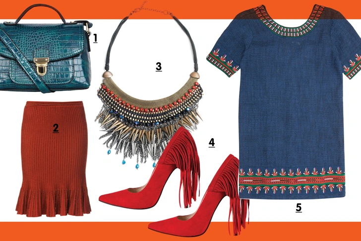 1. Сумка, Accessorize. 2. Юбка, Pinko. 3. Колье, Mango. 4. Туфли, Topshop. 5. Платье, Asos. | thegirl.ru