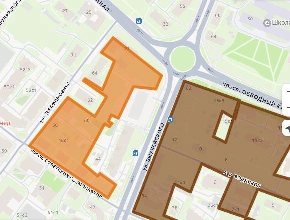 Территория, о которой идет речь, обозначена оранжевым цветом | Источник: Yandex.ru/maps