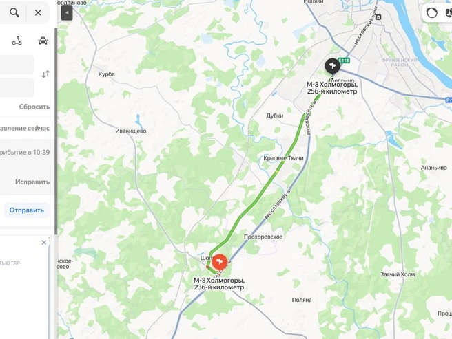 На карте отмечен перекрытый участок, приложение показывает объезд через Ярославское шоссе | Источник: «Яндекс Карты»