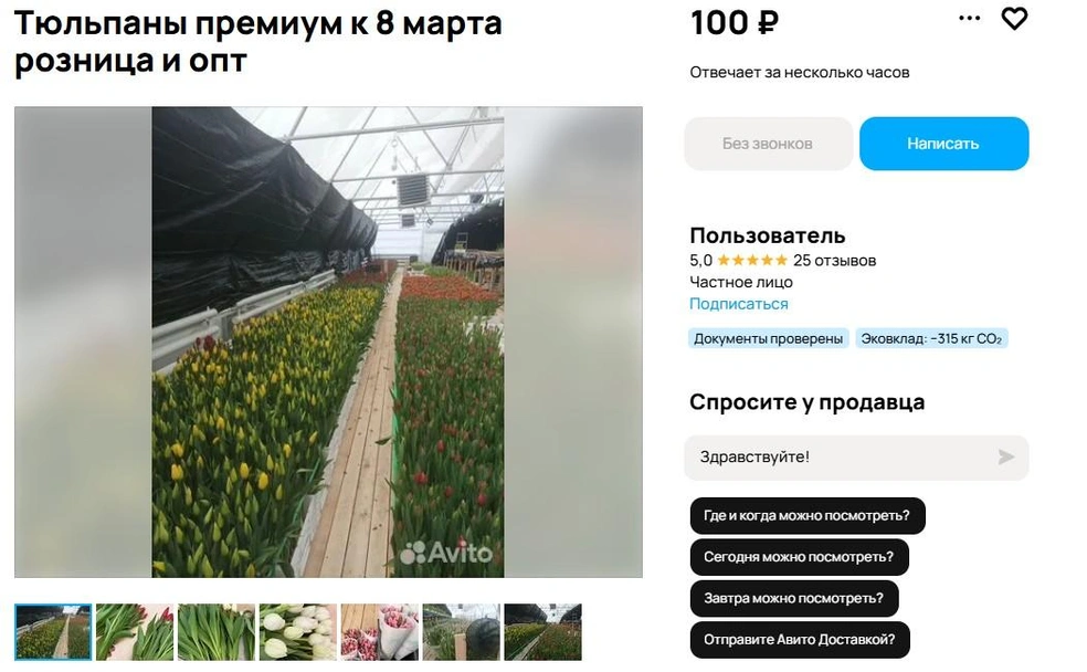 В этом случае розничная цена та же&nbsp;— 100 рублей за ароматный весенний цветок | Источник: Avito.ru