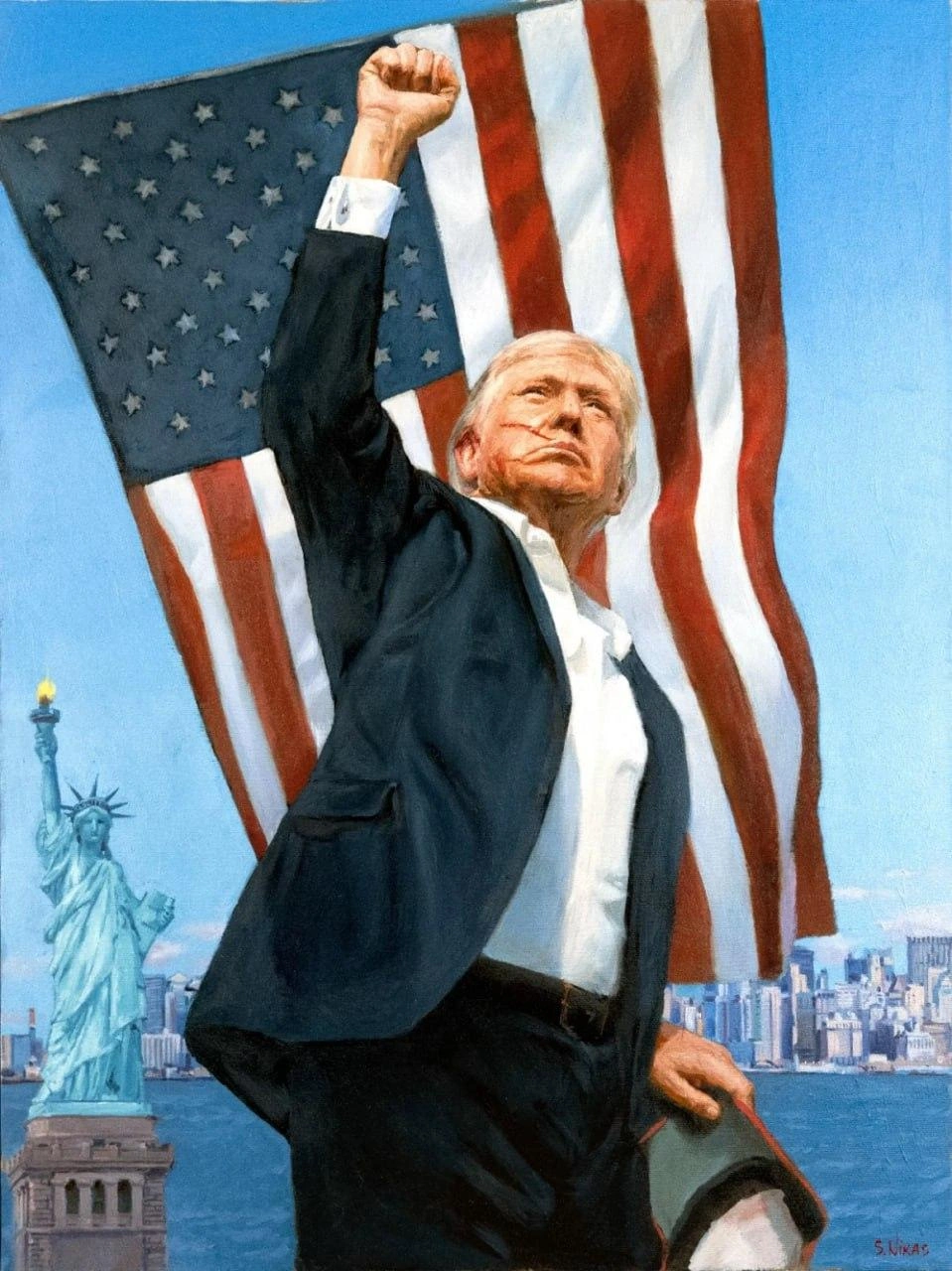 Американские СМИ опубликовали портрет Дональда Трампа, который Владимир Путин передал президенту США через его спецпосланника Стивена Уиткоффа | Источник: Работа Никаса Сафронова / телеканал CNN