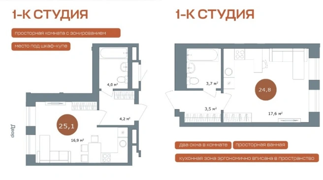 Планировки одно- и двухкомнатных студий | Источник: ООО СЗ «ТЕЛЕЦЕНТР»