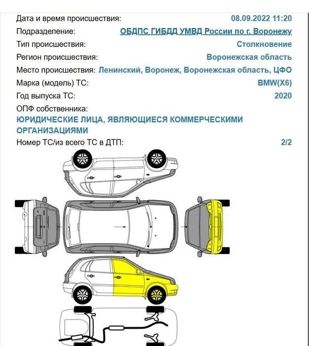 БМВ, на которой номер ЕКХ висел раньше, в сентябре 2022-го попадал в аварию. Желтый цвет на местах повреждений означает, что они незначительные | Источник: стоп-кадр с сайта «Госавтоинспекция.рф»