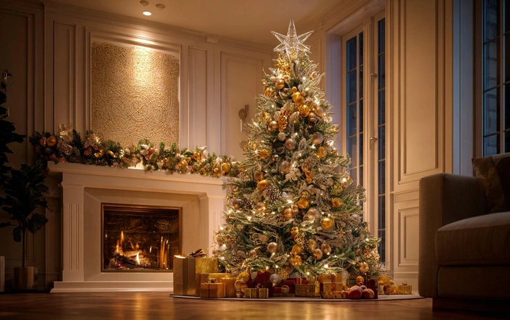 елка на новый год 2026, как украсить елку на новый год 2026, красивая елка на новый год 2026, как нарядить елку на новый год 2026, новый год 2026 какие цвета на елке, цвета 2026 года на новый год елка, игрушки на елку 2026 | Источник: Midjourney