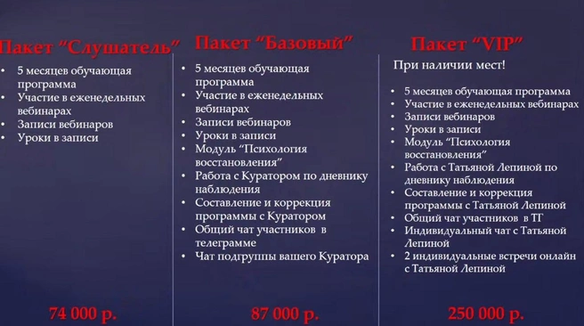 Сейчас участие в программе стоит дешевле, но иногда достигало 250 тысяч рублей | Источник: скриншот презентации Татьяны Лепиной