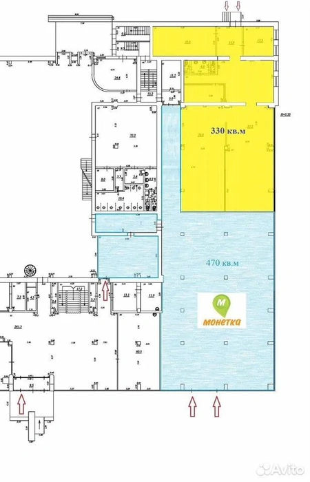 330 м², выделенные жёлтым, можно арендовать — например, открыть там производство | Источник: Авито