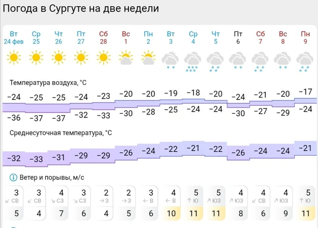 Прогноз погоды в Сургуте  | Источник: Gismeteo 