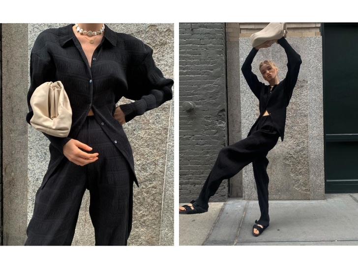 Эльза Хоск в черном костюме Toteme и самых желанных сандалиях Chanel