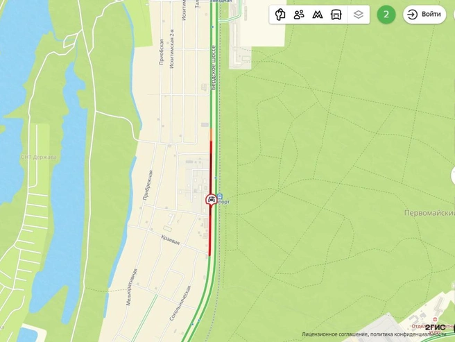 Участок дороги на карте отмечен как зона с пробкой | Источник: Картографический сервис