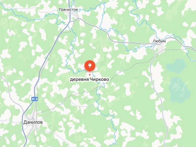 Медведь замечен у деревень между Даниловом и Любимом | Источник: Яндекс. Карты