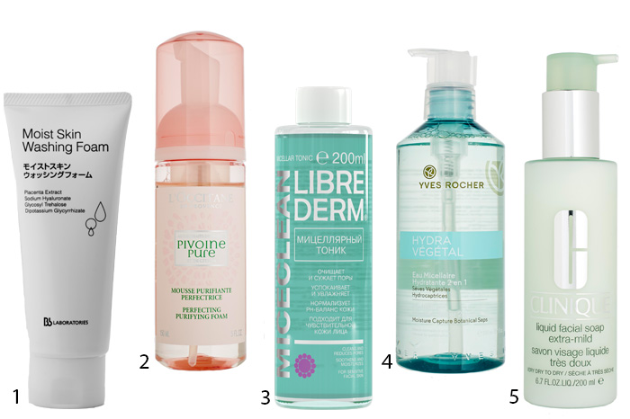 1. Пенка Moist Skin Washing Foam, Bb Laboratories; 2. Пенка от L’OCCITANE; 3. мицеллярный тоник для лица «Либридерм»; 4. Увлажняющая мицеллярная вода «2 в 1» от YVES ROCHER; 5. Жидкое мыло для лица Liquid Facial Soap, CLINIQUE.