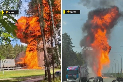 Фура с лакокраской сгорела на Северном объезде