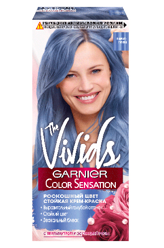 The Vivids, Garnier Color SensationКрем-краска «Привет, яркий экстрастойкий цвет». Выразительные пастельные и стойкие оттенки (дымчато-голубой, нежная лаванда, пастельно розовый, платиновый металлик). Можно окрашивать волосы полностью или пряди выборочно. Подходят для светлых и русых волос (без предварительного осветления).