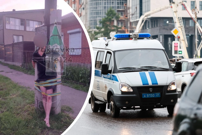 Жители Покровки до приезда полиции привязали мужчину к столбу | Источник: Pokrovka_Life124 / Telegram, Мария Ленц / NGS24.RU