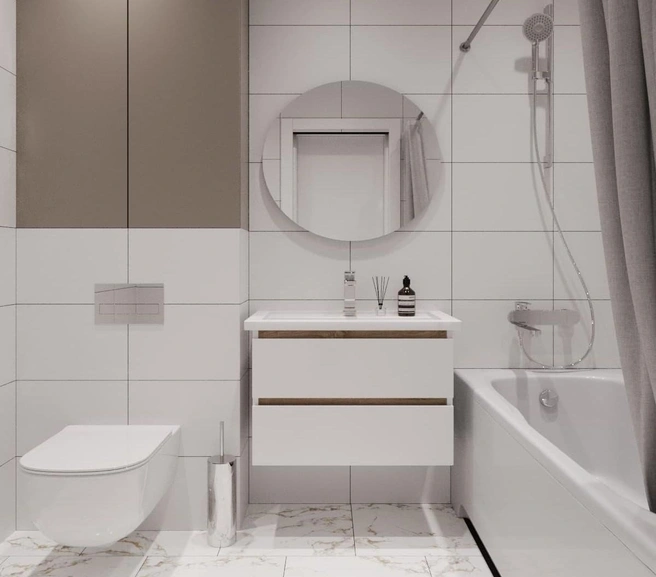 В санузлах смонтируют натяжной потолок, а пол и стены отделают плиткой Kerama Marazzi, установят унитаз, акриловую ванну с экраном и душевым гарнитуром и зеркало | Источник: Rodina Development