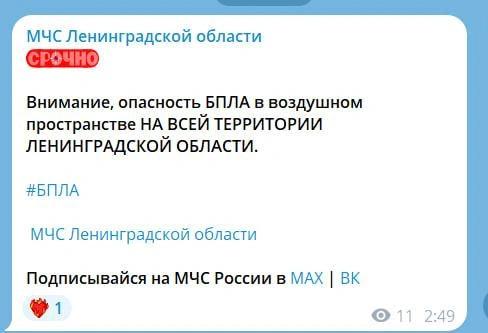 Воздушная опасность в Ленобласти | Источник: telegram-канал МЧС Ленинградской области