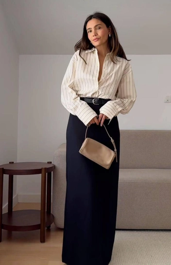 Классика офисного стиля заиграет иначе, если заменить юбку-карандаш классической длины ниже колена на макси  | Источник: ru.pinterest.com