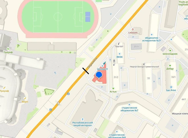 Перекрытый отрезок на улице Ойунского | Источник: 2ГИС / 2gis.ru