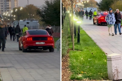 В Омске Mustang разъезжал по набережной среди гуляющих