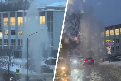 В Перми из-под асфальта забил гейзер при заливке катка