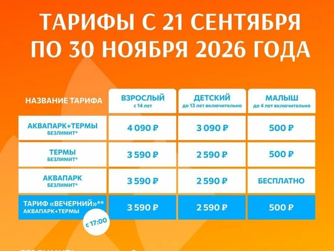 Таблица тарифов, действующих с 21 сентября по 30 ноября | Источник: Нижегородский аквапарк «Океанис» / Vk.com