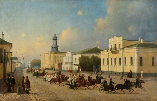 Пречистенка на картине неизвестного художника середины XIX века. Справа за пожарной каланчой — угол бывшей усадьбы Бестужевых-Рюминых | Источник: Wikipedia.org