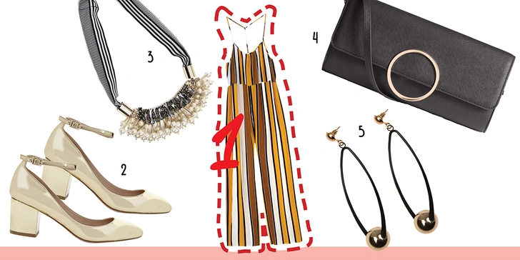 1. Комбинезон, Asos. 2. Туфли, Asos. 3. Колье, MAX & Co. 4. Сумка, H&M. 5. Серьги, Gloria Jeans. 