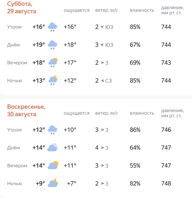 Последние выходные лета будут дождливыми | Источник: yandex.ru/pogoda