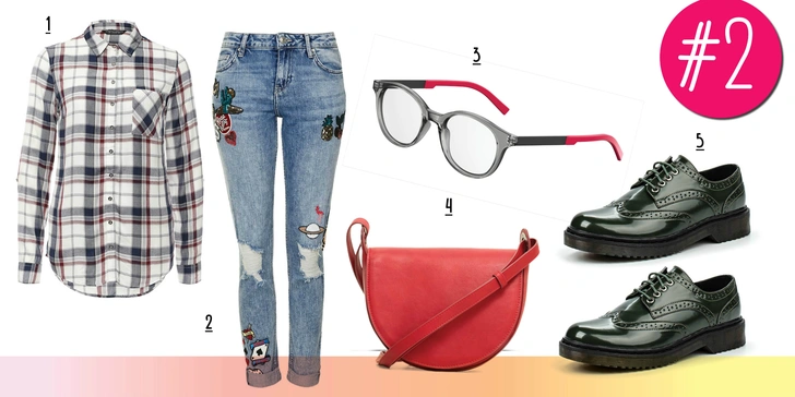 1. Рубашка, Dorothy Perkins. 2. Джинсы, Topshop. 3. Очки, Safilo. 4. Сумка, Mango. 5. Ботинки, Oodji.