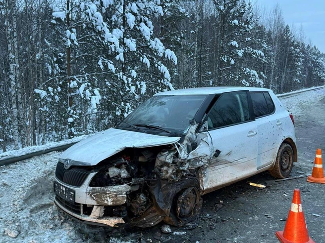 Автомобиль Skoda Fabia, водителю которого пришлось съехать в сугроб, чтобы избежать лобового столкновения. | Источник: читатель E1.RU