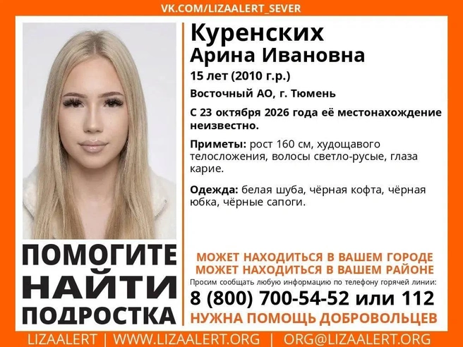 В Тюмени ищут 15-летнюю Арину | Источник: Поисковый отряд «ЛизаАлерт» Тюменской области / VK.RU
