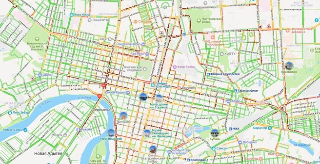 Дорожная ситуация в Краснодаре в пятницу вечером | Источник: Яндекс Пробки