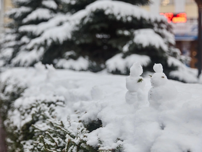 Горожане слепили пока ещё небольших снеговиков.