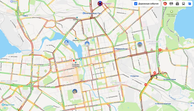 В Екатеринбурге пробки 8 баллов | Источник: Яндекс.Карты
