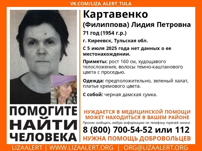 Ориентировка на пропавшую женщину | Источник: Поисковый отряд «ЛизаАлерт» Тульской области / ВКонтакте