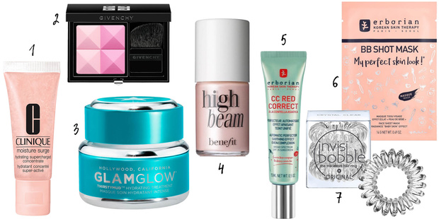 1. Увлажняющий концентрат для лица Moisture Surge, Clinique. 2. Румяна Prisme Blush, Givenchy. 3. Увлажняющая маска для лица Thirstymud Hydrating Treatment, Glamglow. 4. Жидкий хайлайтер High Beam, Benefit. 5. Корректирующий крем для лица CC Red, Erborian. 6. Маска для лица, Erborian. 7. Резинка для волос, invisibobble.