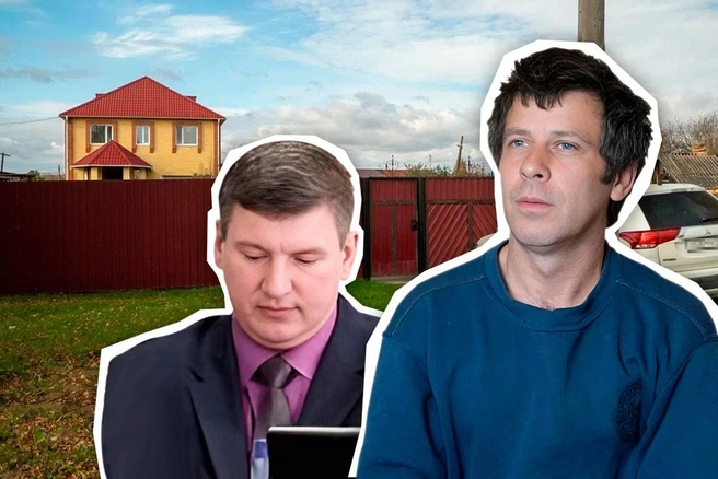 Слева Евгений Ковальчук, справа Иван Плюснин. На фоне снимка тот самый участок, из-за которого разгорелся большой скандал | Источник: Илья Чикотин / 72.RU, Дмитрий Гладышев / Городские медиа, пресс-служба Аромашевского района