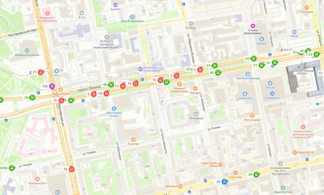 На карте видно, сколько трамваев застряло в пробке | Источник: yandex.ru/maps