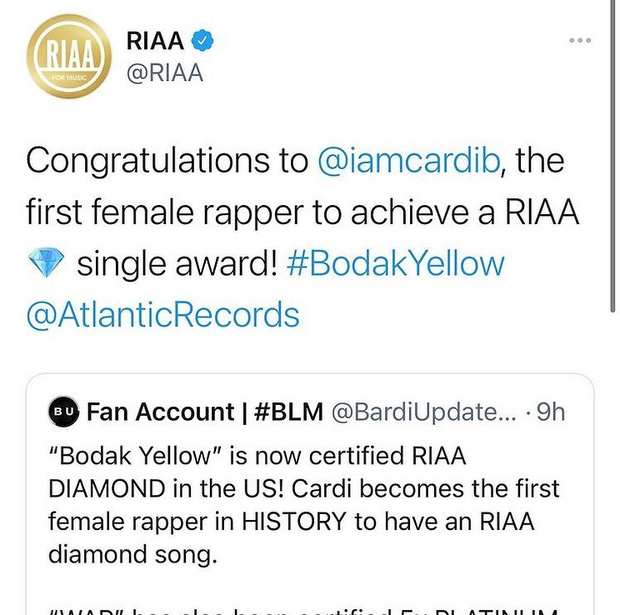 Фото №1 - Поздравляем! Cardi B стала первой рэп-исполнительницей с бриллиантовым синглом 💎