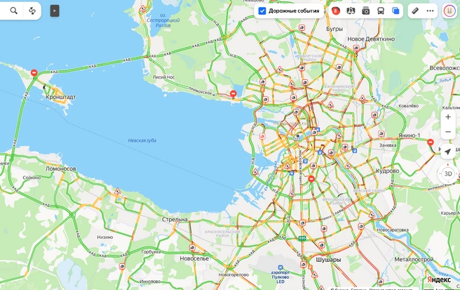 Петербург застрял в 8-балльных пробках: встали центральные районы и юг | Источник: «Яндекс.Карты»