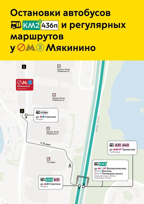 Схема остановок автобусов на МКАД вблизи метро «Мякинино» | Источник: Дептранс.Оперативно / T.me