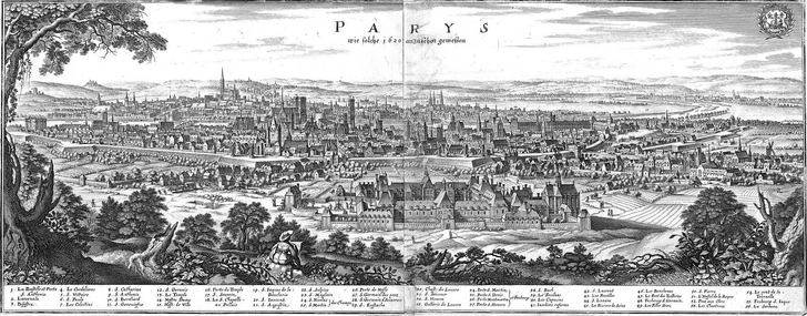 Панорама Парижа в 20-х годах XVII века | Источник: MERIAN, M. (Frankfurt am Main, 1655-1661), Public domain, via Wikimedia Commons