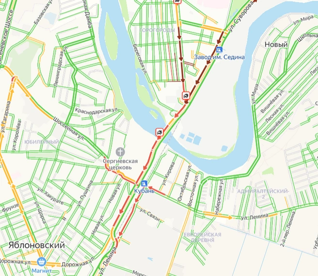 Пробки в районе Яблоновского моста | Источник: yandex.ru/maps
