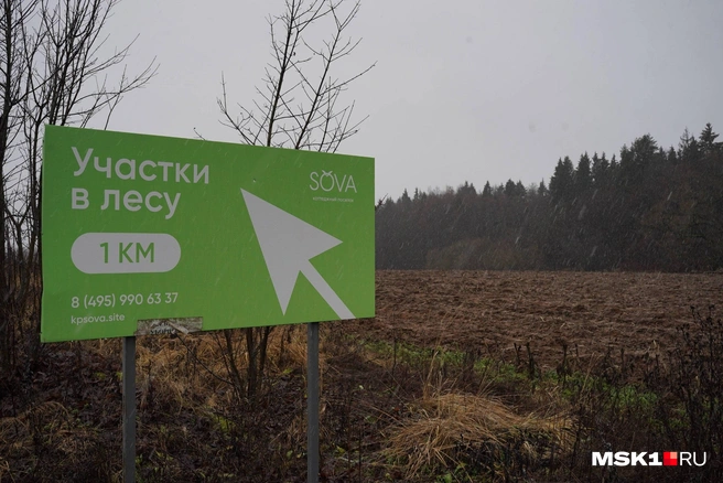 Рядом с поселком стоит рекламный баннер | Источник: Артем Рамазани-Зубов / MSK1.RU