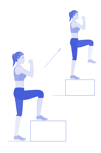 Вышагивания на платформуРазвиваем координацию, учимся держать баланс и тренируем нижнюю часть тела. Поставьте правую ногу на скамью (можно в парке) и напрягите пятку так, чтобы отпружинить себя наверх, – левую ногу при этом нужно согнуть в колене и поднять до уровня бедра. Спуститесь со скамьи и повторите упражнение с той же ногой 20 раз. Затем поменяйте ногу.