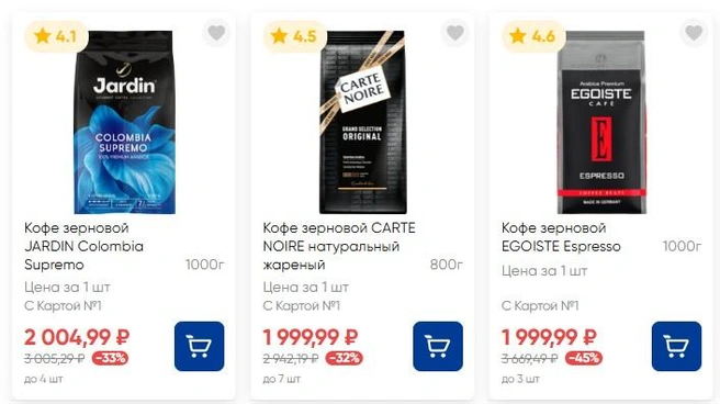 Один из дорогих&nbsp;— зерновой кофе | Источник: lenta.com
