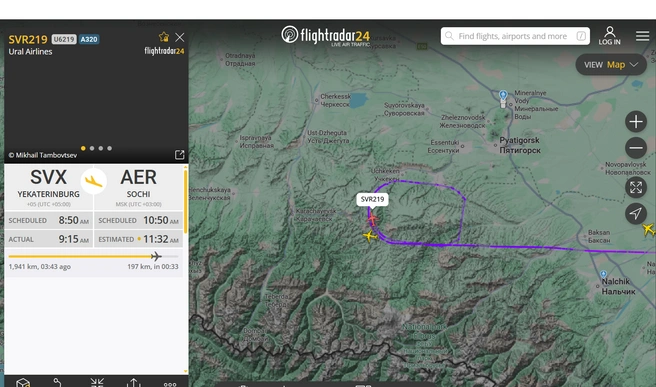 Еще один круживший в небе самолет&nbsp;— Екатеринбург&nbsp;— Сочи | Источник: flightradar24.com