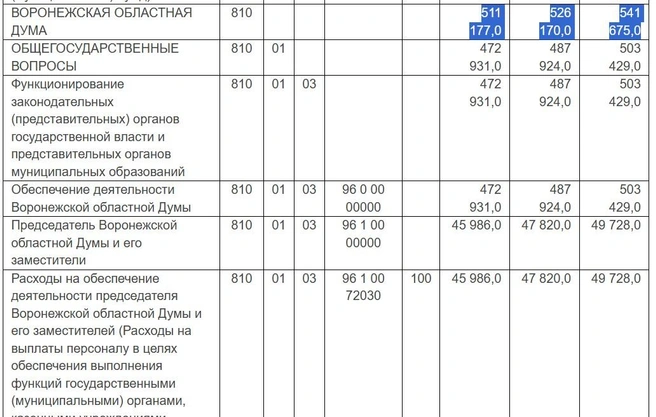 Расходы из бюджета на областных депутатов приведены в тысячах рублей&nbsp;— то есть к циферкам добавляйте в уме по три нуля. И сейчас неплохо, и в перспективе&nbsp;— рост | Источник: Бюджет Воронежской области на 2026 год и план на 2027 и 2028-й / Docs.cntd.ru