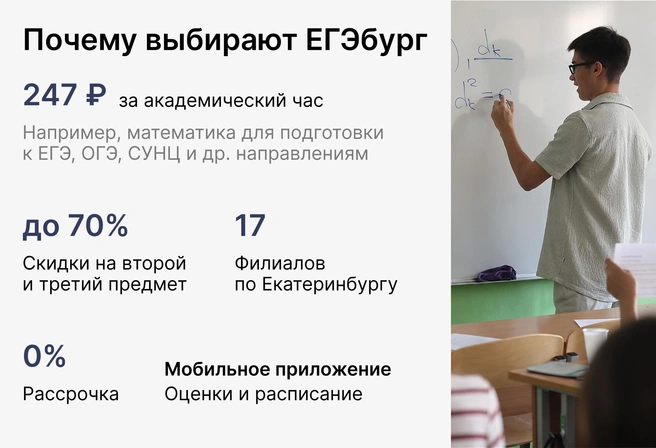 Низкая стоимость академического часа занятий в группе ведущих учителей-предметников Екатеринбурга делает успешную подготовку доступной для большинства семей | Источник: Ирина Калмыкова